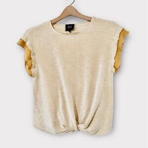 W5 Womens Blouse Shirt Sleeveless Mustard Yellow and White Stripes Knot Size L